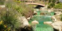 A bridge above a river in the middle going down three steps